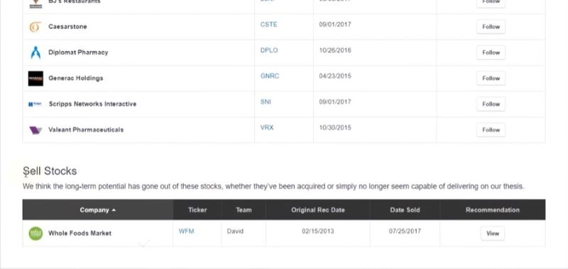 Motley Fool Stock Advisor tool dashboard showing Sell recommendation section